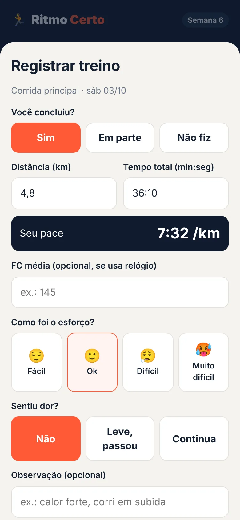 Registro do treino com distância, tempo e pace