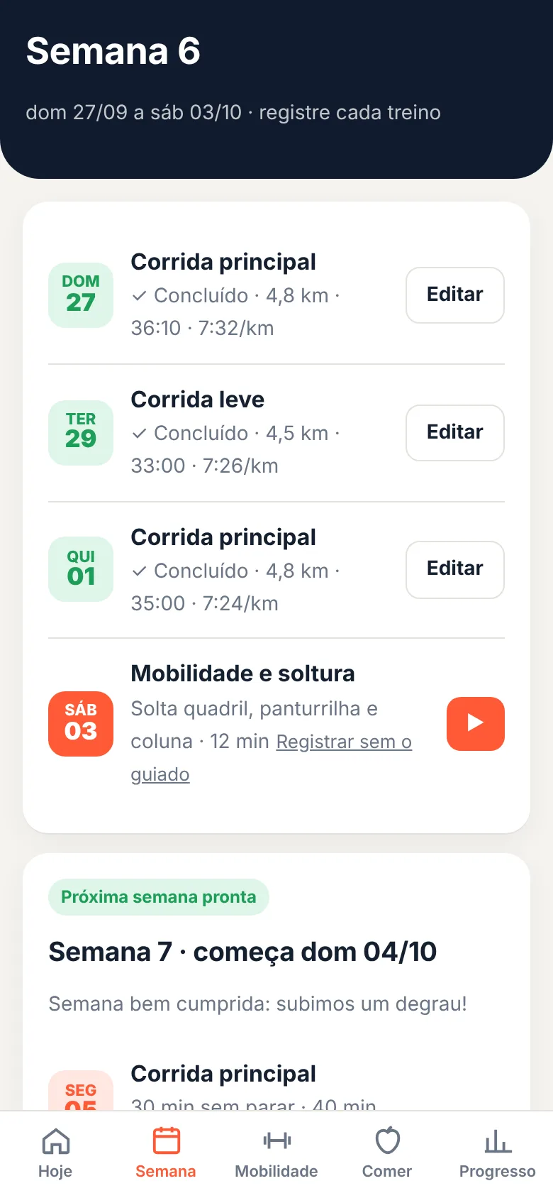 Semana registrada e próxima semana pronta